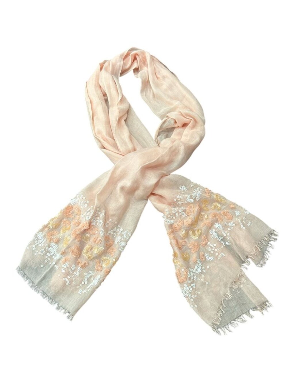 Peach Embroidered Sheer Scarf Sequins Fringed Edge Wrap Fairycore Romanticcore